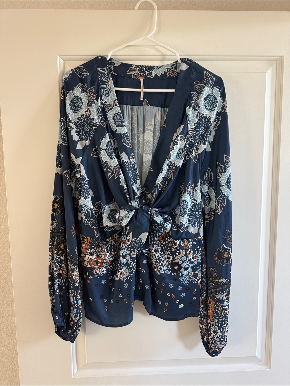 Free People Navy Floral Front-Tie Blouse with Light Blue Accents